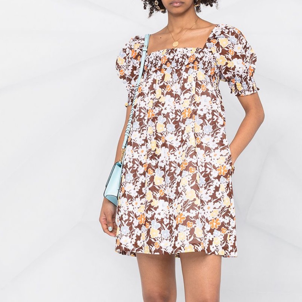 Tory Burch Brown Floral Mini Dress with White and Yellow Accents